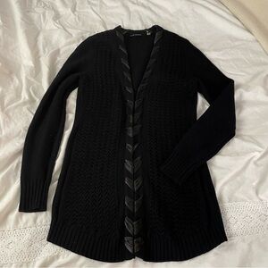 Elie Tahara SMALL Black Extra Fine 100% Wool Knit Cardigan leather lace trim